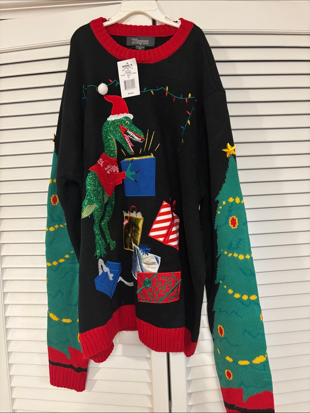 3Dexpress Men’s Black & Green Holiday Dinosaur Crewneck Sweater